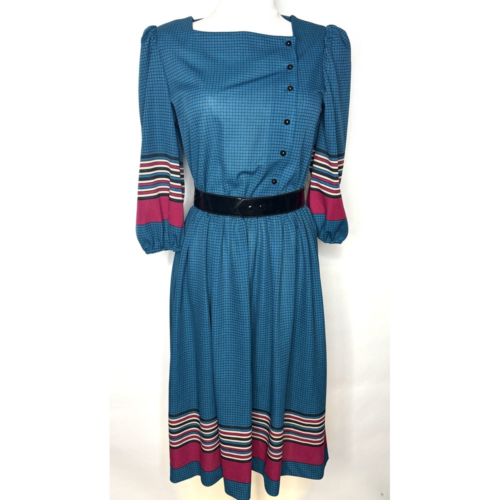 Vintage Coras Closet Teal Grid Stripe Midi Dress ILGWU Made in USA Petite 6P MS